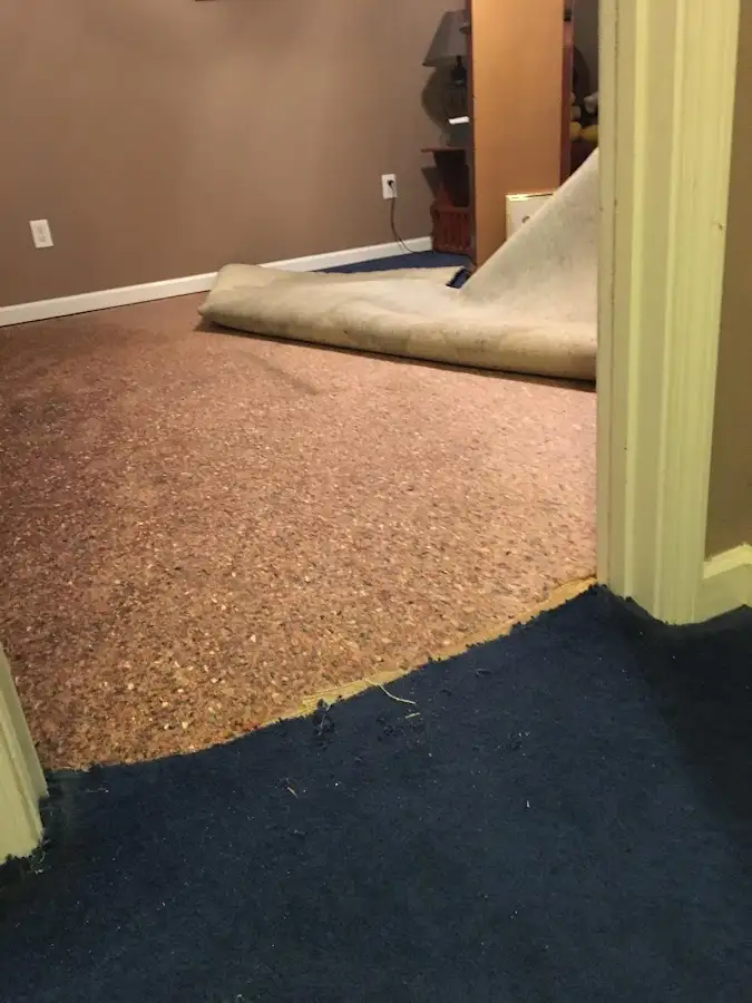 Carpet pad removal revealing water damage during Water Mitigation Services in Bee Cave