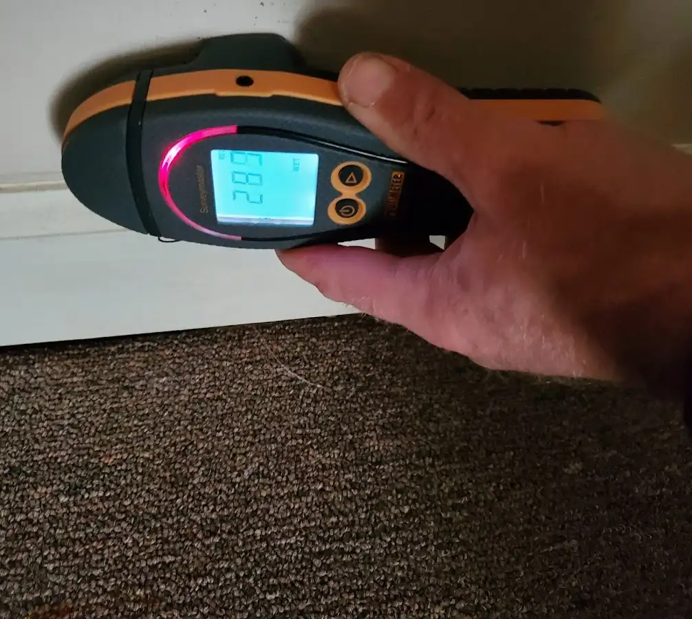 Moisture detection at baseboard during Storm Damage Restoration in Bee Cave